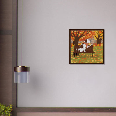 Stylish autumn dog art print in a framed 60x60 cm canvas design.