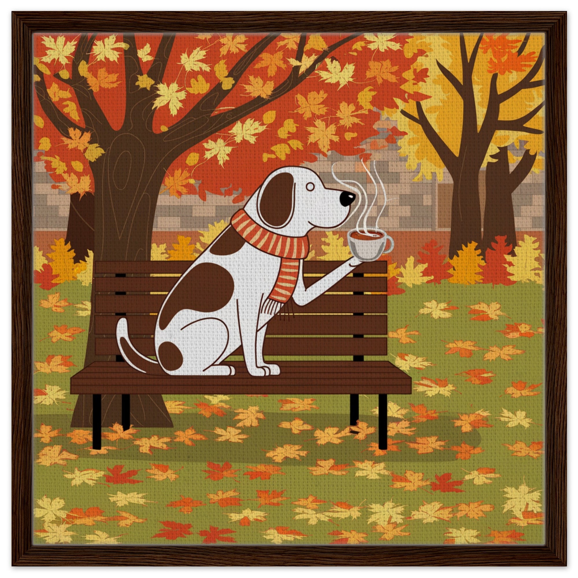 Framed canvas featuring an autumn-themed dog illustration in 60x60 cm size.