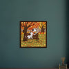 Rustic-style framed dog canvas with autumn leaves and warm tones.